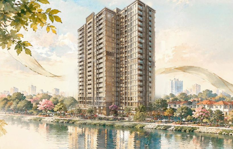 Toà nhà Trellia Vista bên dòng sông — tranh watercolor